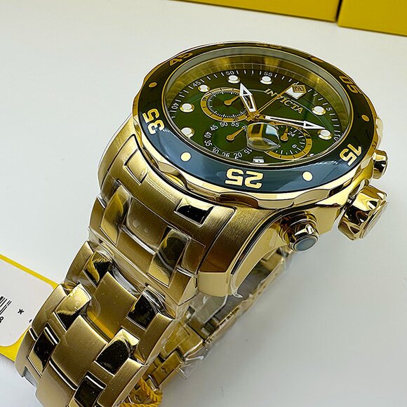 Invicta Men's 48mm PRO DIVER Scuba Chronograph Green Dial 18K Gold Plated Watch - Picture 5 of 8